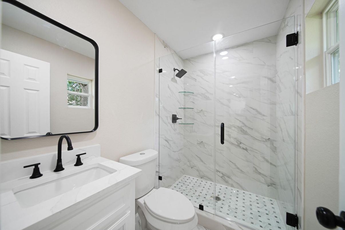 Bathroom, Glass Shower, Interior, Marble Walls, Recessed Lighting