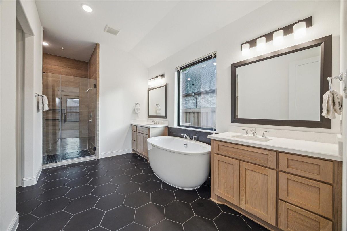 Bathroom, Dual Sink Vanities, Free Standing Baths, Glass Shower, Interior, Recessed Lighting