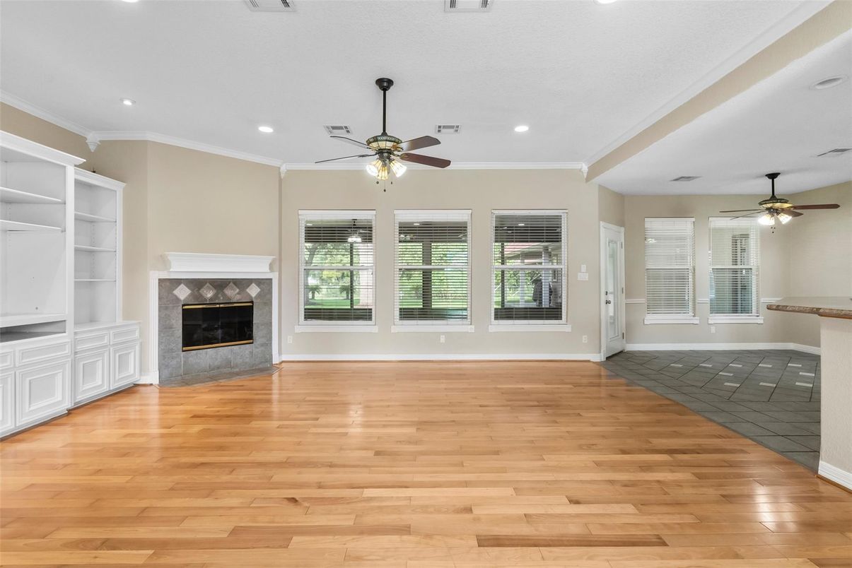 Empty room, Fireplace, Interior, Recessed Lighting, Wood Texture Flooring