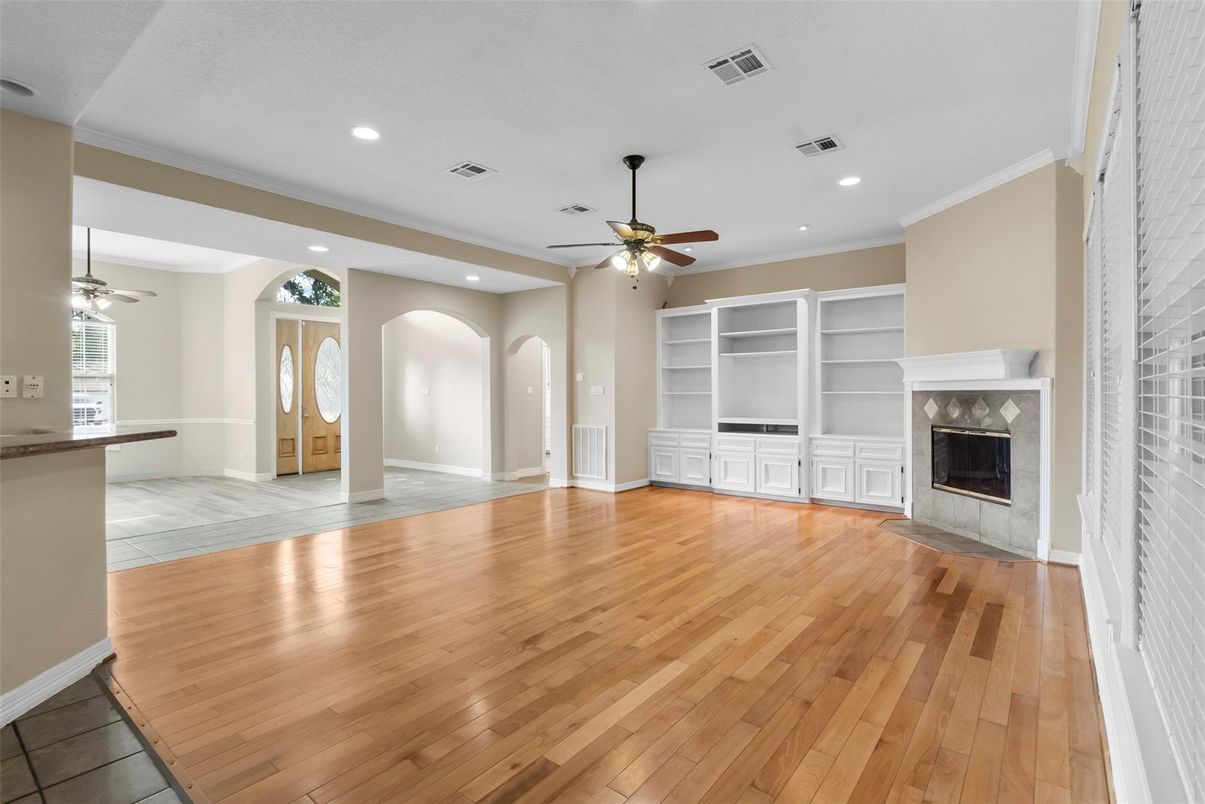 Empty room, Fireplace, Interior, Recessed Lighting, Wood Texture Flooring