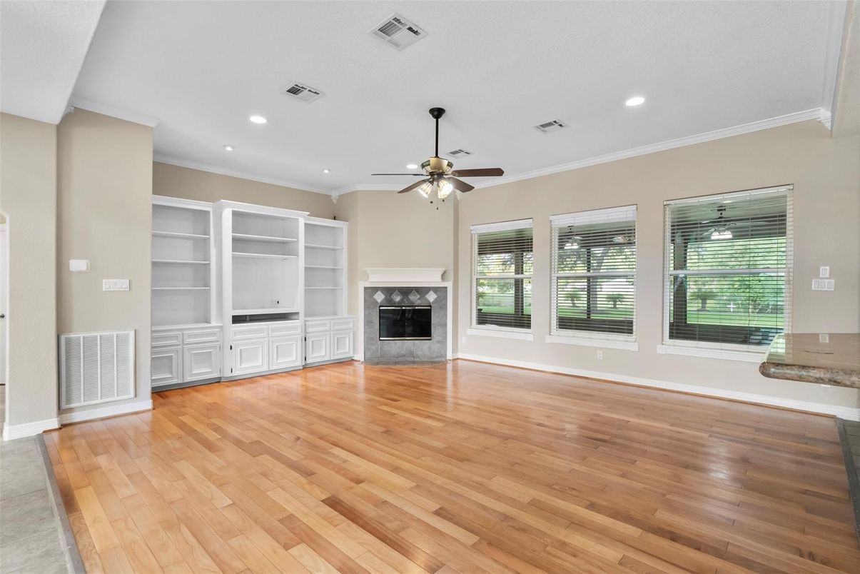 Empty room, Fireplace, Interior, Recessed Lighting, Wood Texture Flooring