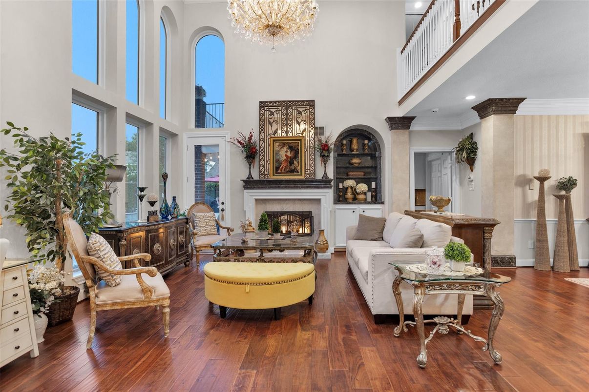 Chandelier, Fireplace, Interior, Living room, Recessed Lighting, Wood Texture Flooring