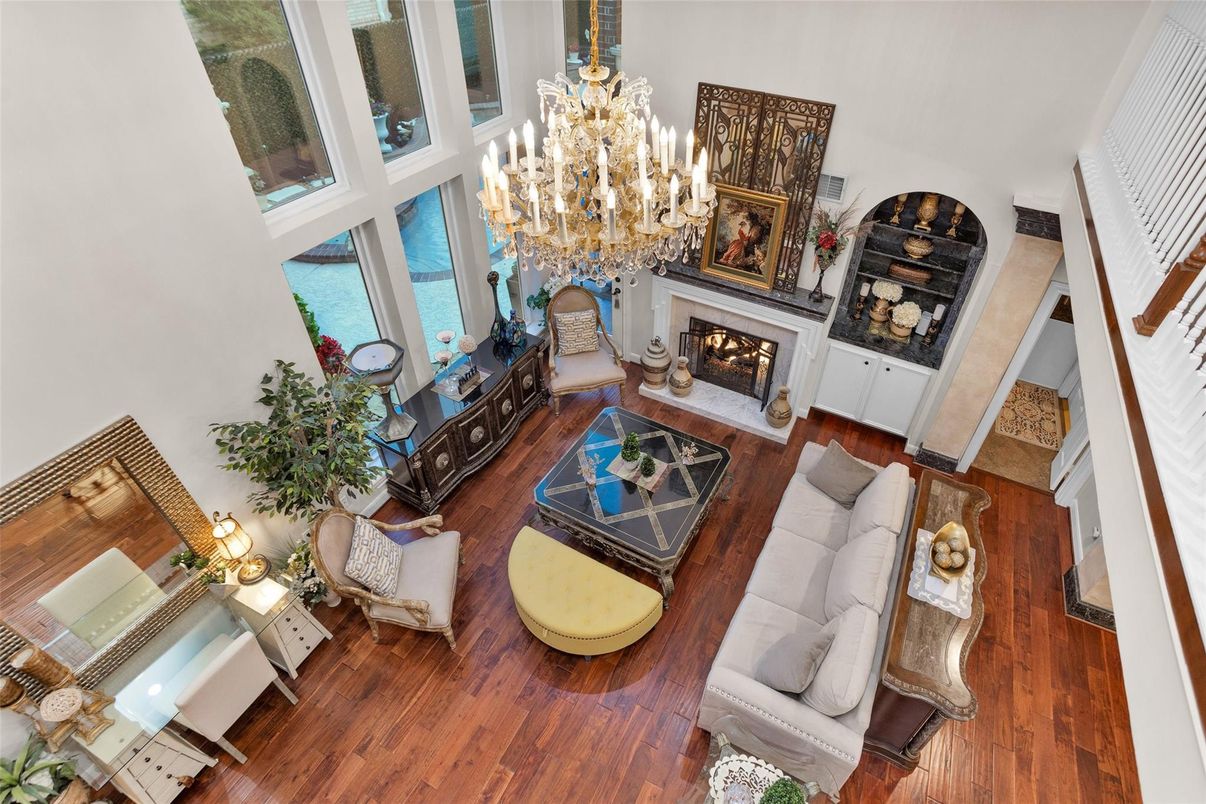 Chandelier, Fireplace, Interior, Living room, Wood Texture Flooring