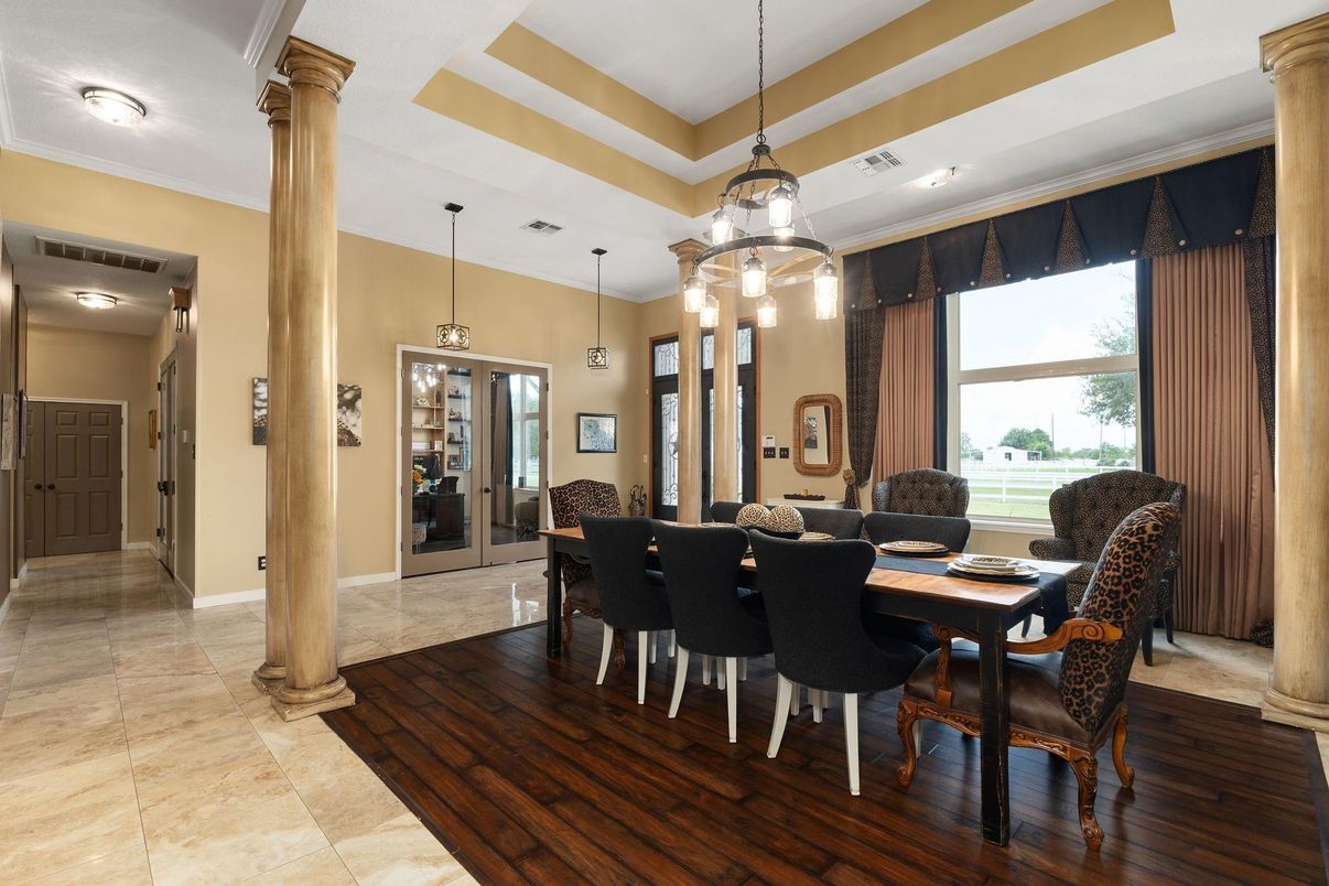 Dining room, Interior, Pendant Lights, Wood Texture Flooring