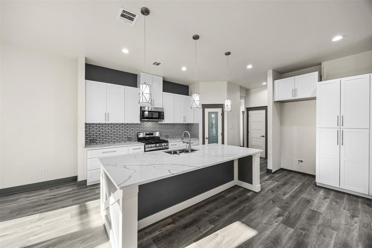 Interior, Kitchen, Pendant Lights, Recessed Lighting, Stainless Steel Appliances, Wood Texture Flooring