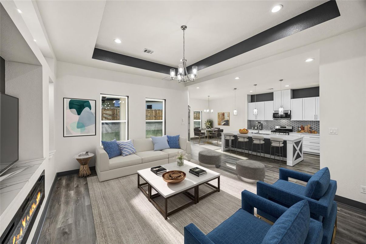 Dining room, Interior, Kitchen, Living room, Pendant Lights, Recessed Lighting, Stainless Steel Appliances, Wood Texture Flooring