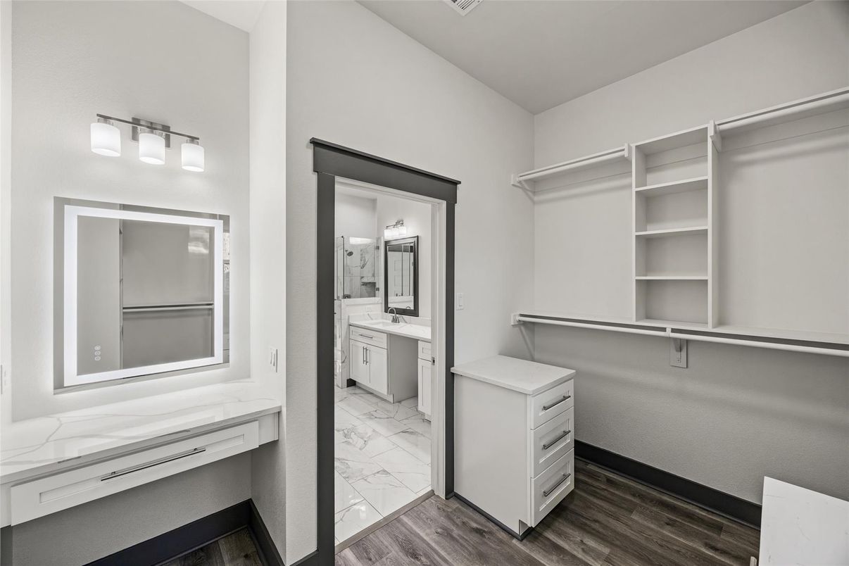 Bathroom, Dual Sink Vanities, Interior, Marble, Wood Texture Flooring