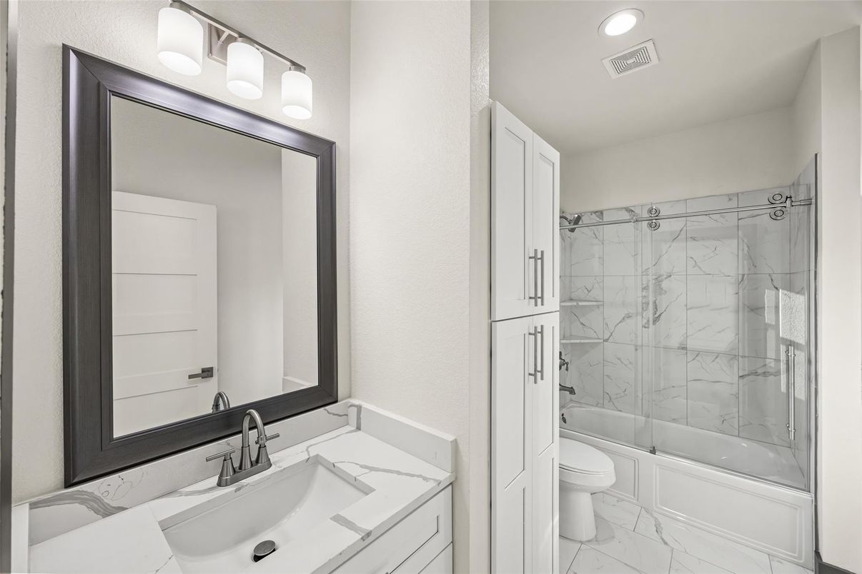 Bathroom, Glass Shower, Interior, Marble, Marble Walls, Recessed Lighting