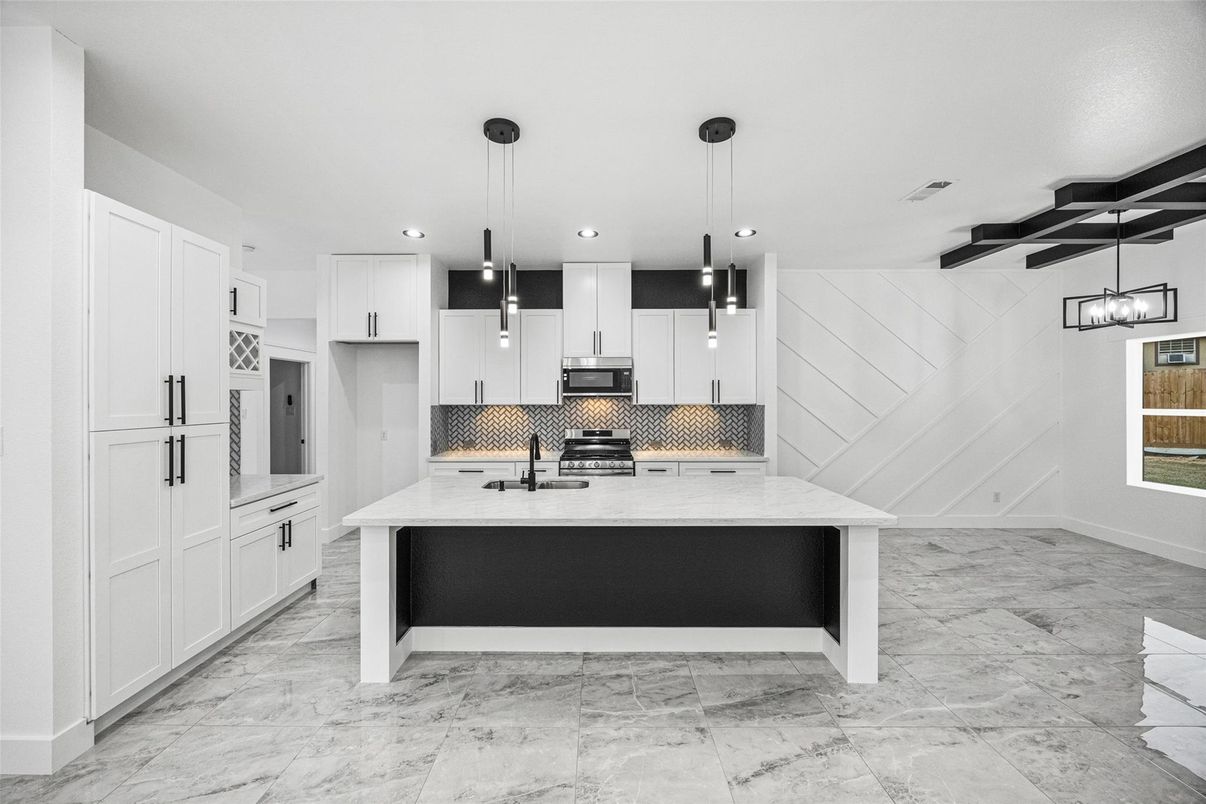 Interior, Kitchen, Marble, Pendant Lights, Recessed Lighting, Stainless Steel Appliances