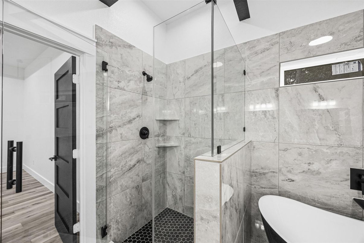 Bathroom, Glass Shower, Interior, Marble Walls, Recessed Lighting, Wood Texture Flooring