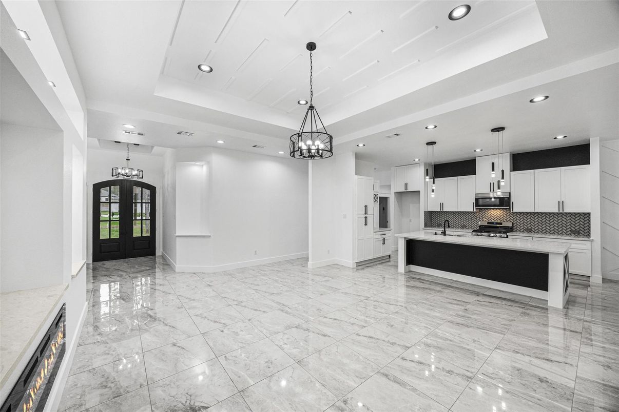 Interior, Kitchen, Marble, Pendant Lights, Recessed Lighting, Stainless Steel Appliances