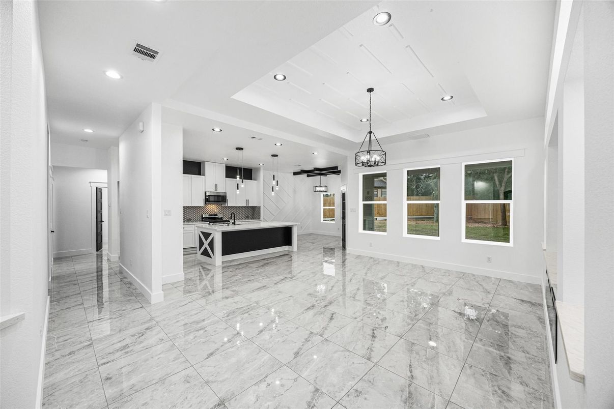 Interior, Kitchen, Marble, Pendant Lights, Recessed Lighting, Stainless Steel Appliances