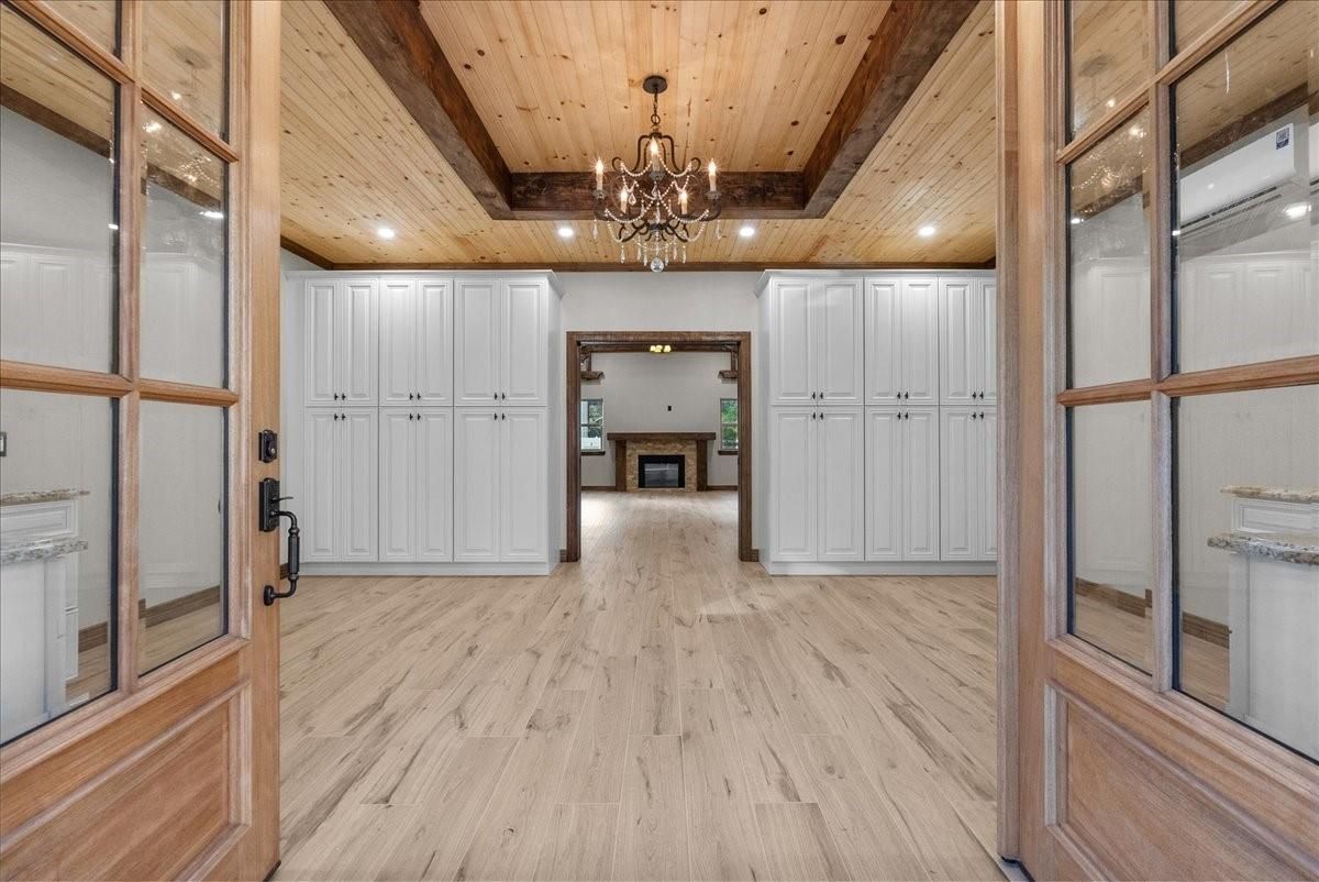 Chandelier, Interior, Recessed Lighting, Wooden Beams, Wooden Ceilings, Wood Texture Flooring