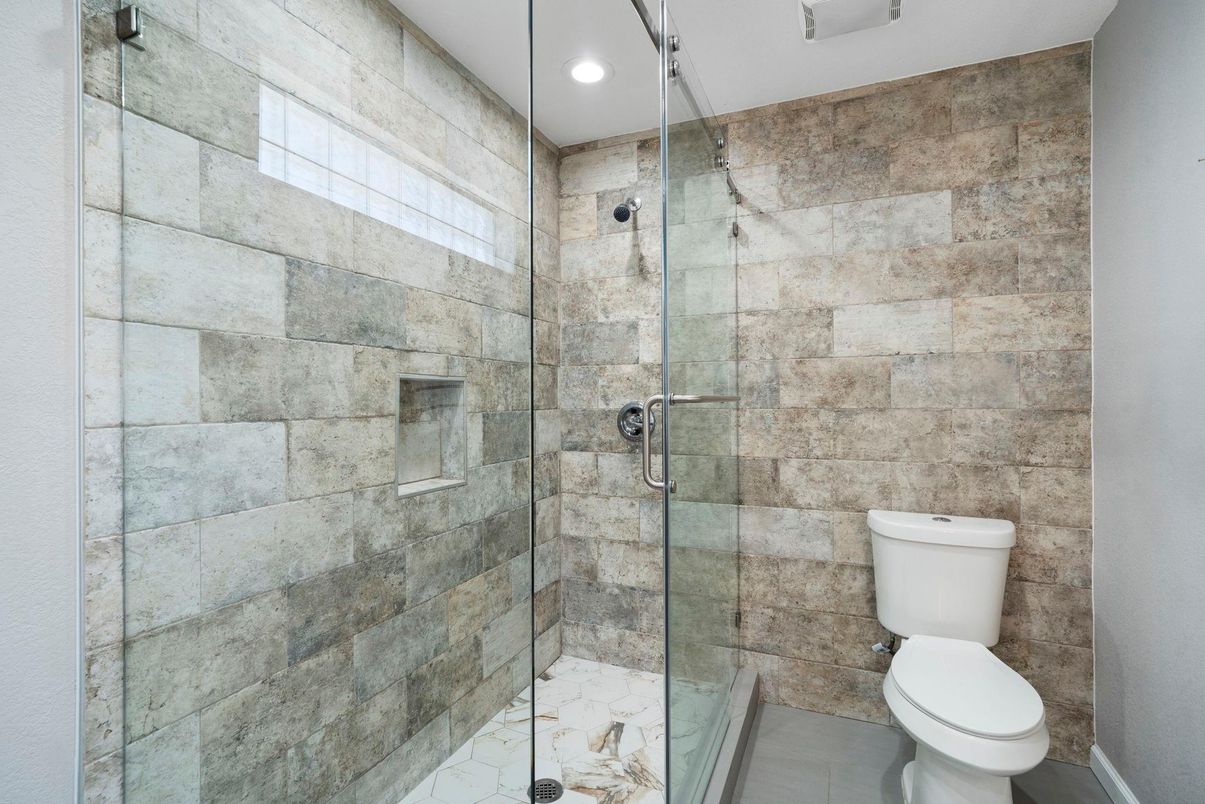 Bathroom, Glass Shower, Interior, Recessed Lighting, Stone Walls