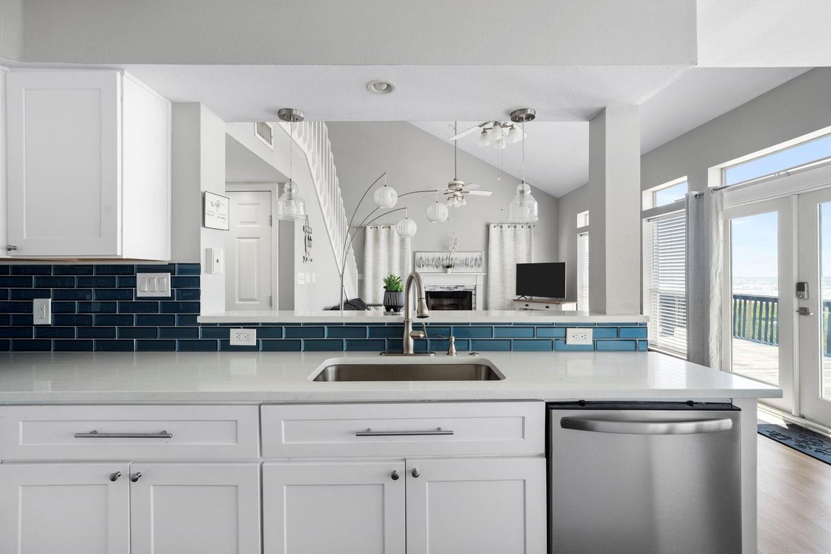 Fireplace, Interior, Kitchen, Pendant Lights, Stainless Steel Appliances, Wood Texture Flooring