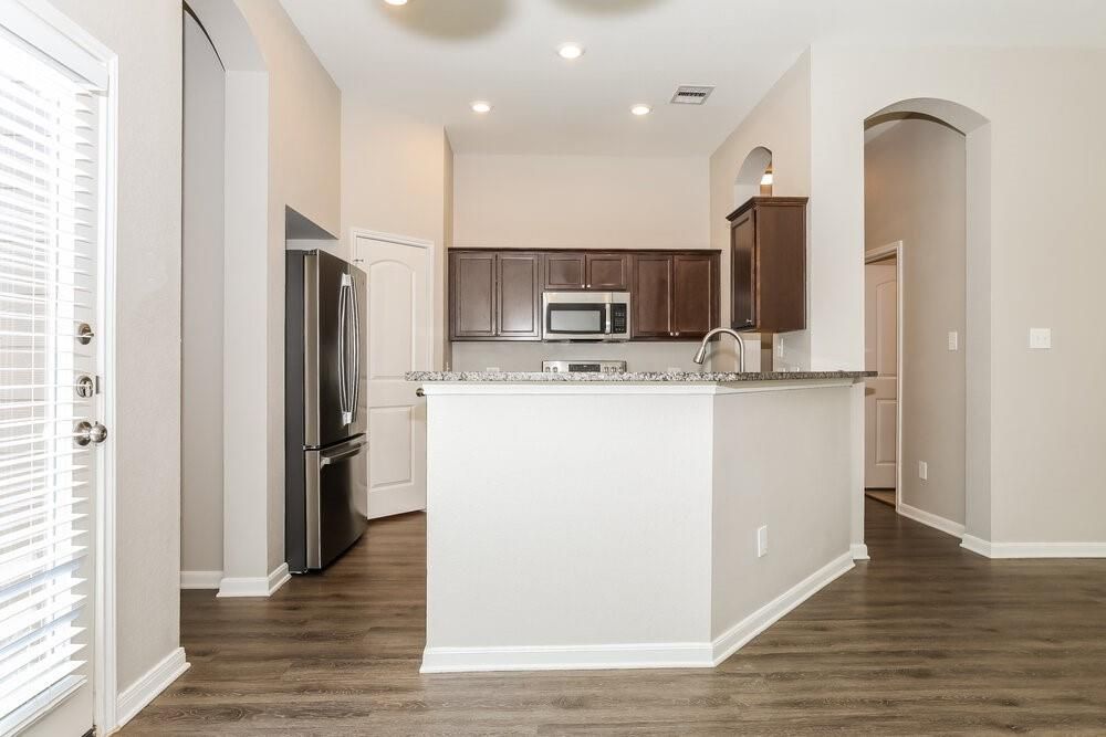 Interior, Kitchen, Recessed Lighting, Stainless Steel Appliances, Wood Texture Flooring