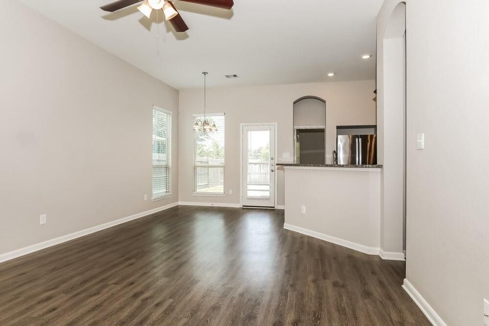 Chandelier, Empty room, Interior, Kitchen, Recessed Lighting, Wood Texture Flooring