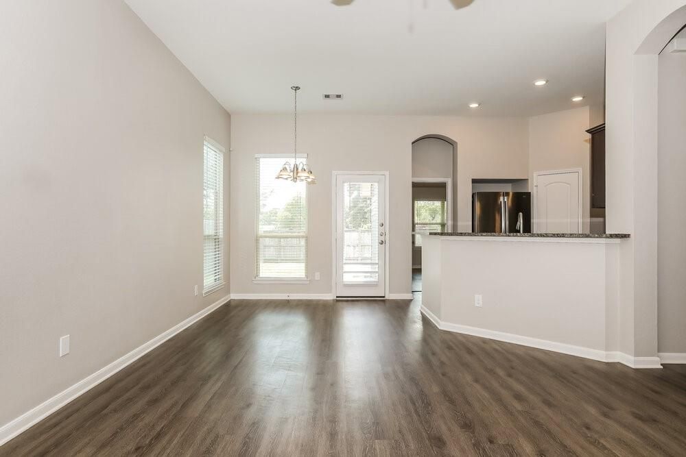 Chandelier, Empty room, Interior, Recessed Lighting, Wood Texture Flooring