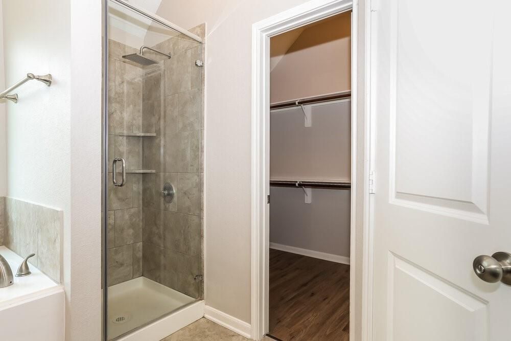 Bathroom, Glass Shower, Interior, Wood Texture Flooring