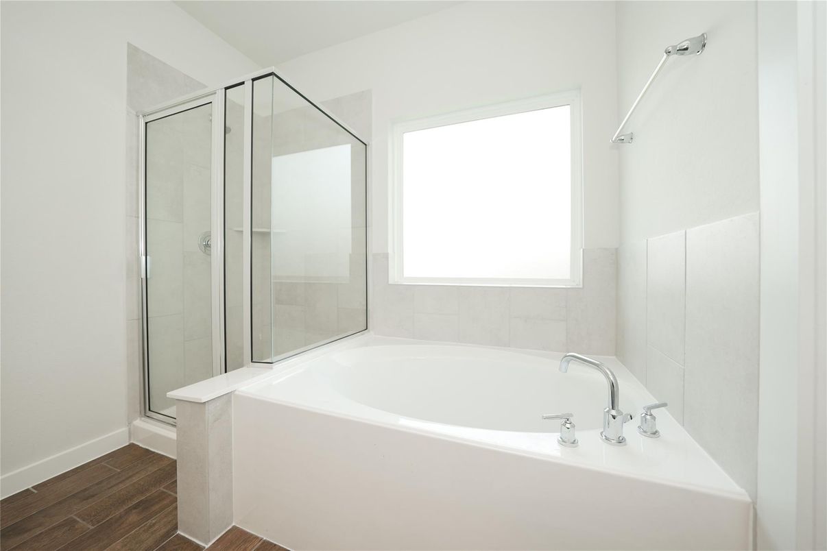 Bathroom, Glass Shower, Interior, Wood Texture Flooring