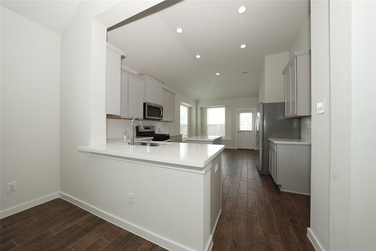 Interior, Kitchen, Recessed Lighting, Stainless Steel Appliances, Wood Texture Flooring