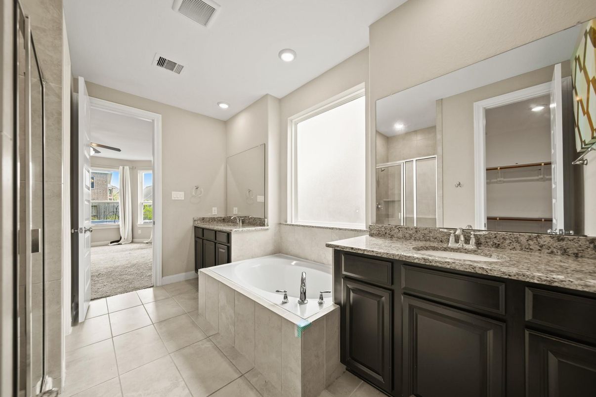 Bathroom, Dual Sink Vanities, Glass Shower, Interior, Recessed Lighting