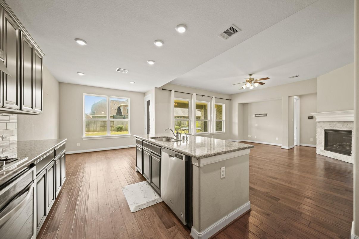 Fireplace, Interior, Kitchen, Recessed Lighting, Wood Texture Flooring