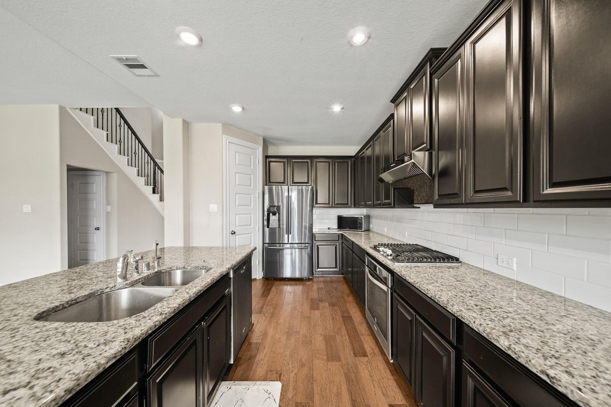Interior, Kitchen, Recessed Lighting, Stainless Steel Appliances, Wood Texture Flooring
