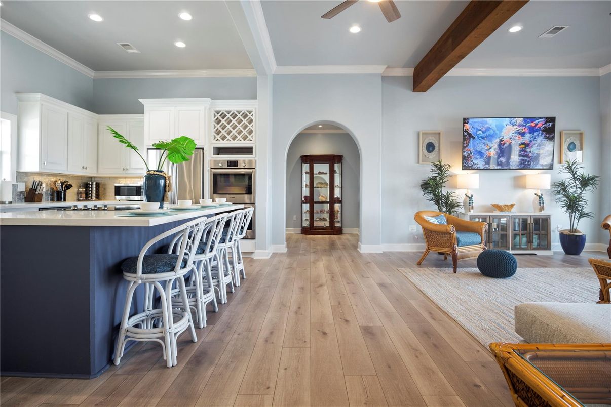 Interior, Kitchen, Recessed Lighting, Stainless Steel Appliances, Wooden Beams, Wood Texture Flooring