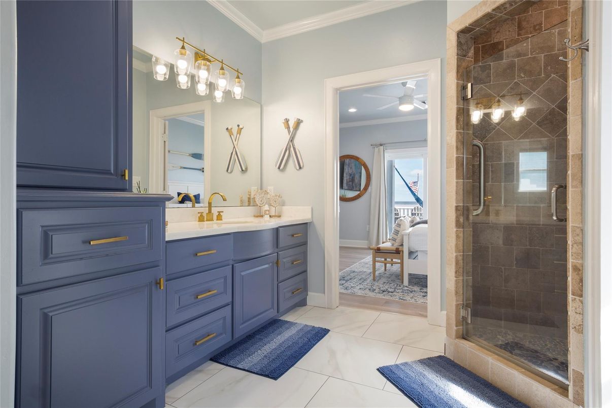 Bathroom, Dual Sink Vanities, Glass Shower, Interior, Recessed Lighting