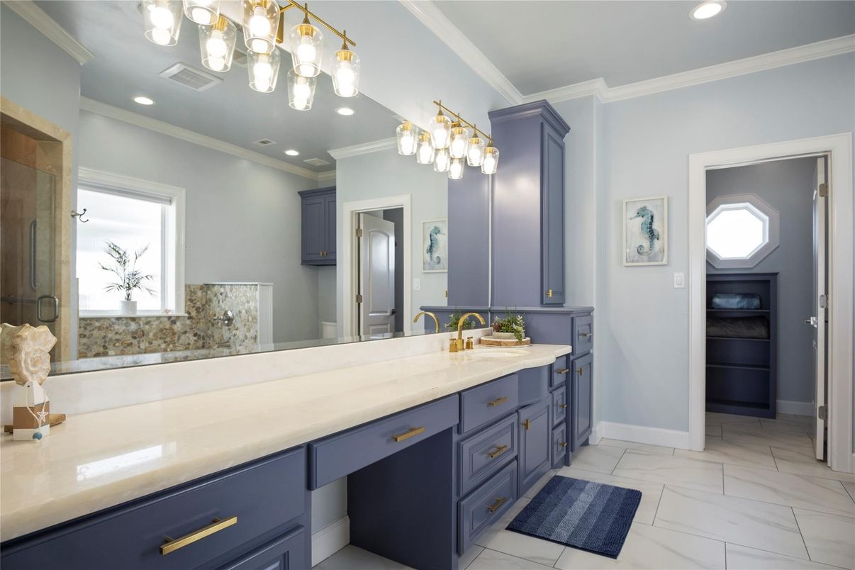 Bathroom, Dual Sink Vanities, Interior, Marble, Recessed Lighting