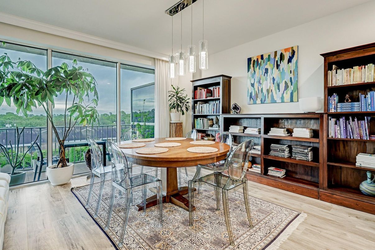Dining room, Interior, Pendant Lights, Wood Texture Flooring