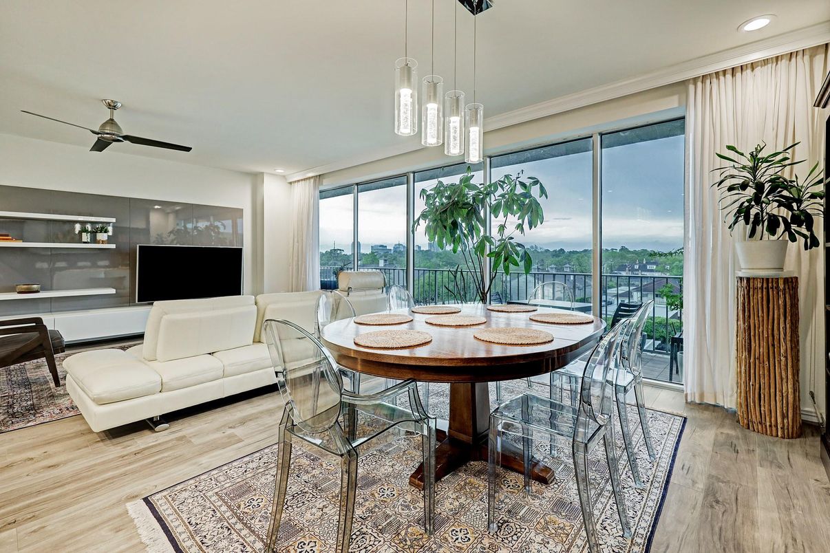 Dining room, Interior, Pendant Lights, Recessed Lighting, Wood Texture Flooring