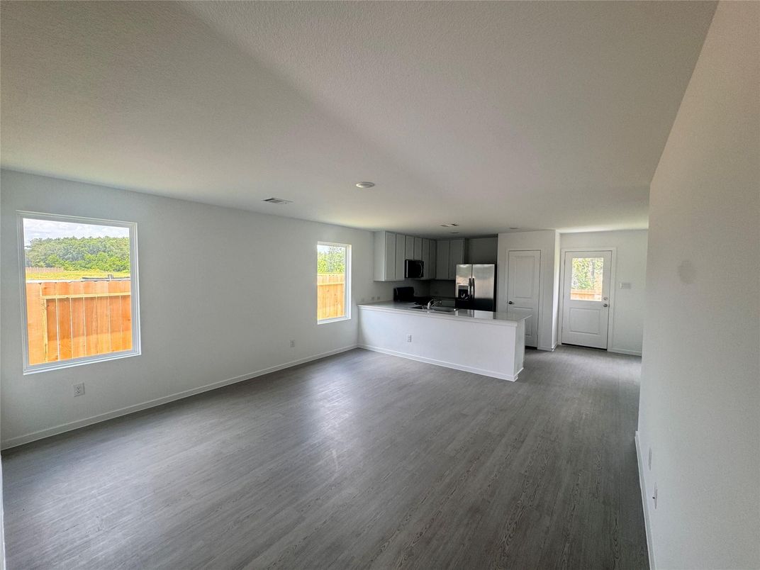Empty room, Interior, Kitchen, Recessed Lighting, Wood Texture Flooring
