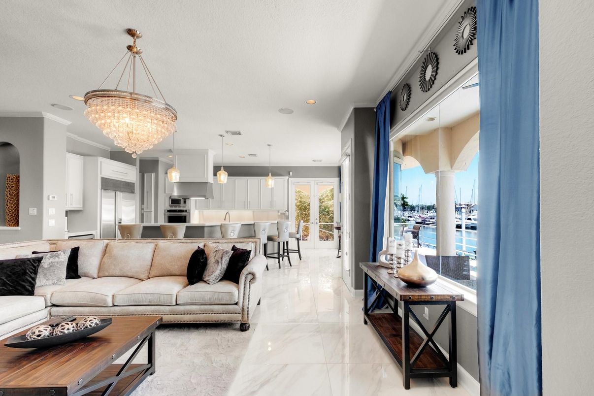 Chandelier, Interior, Kitchen, Living room, Marble, Pendant Lights, Recessed Lighting, Stainless Steel Appliances, Water