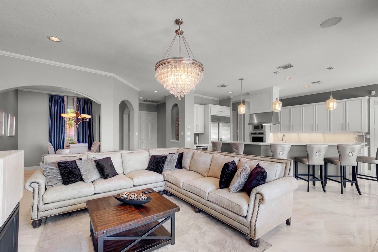 Chandelier, Interior, Kitchen, Living room, Marble, Pendant Lights, Recessed Lighting, Stainless Steel Appliances