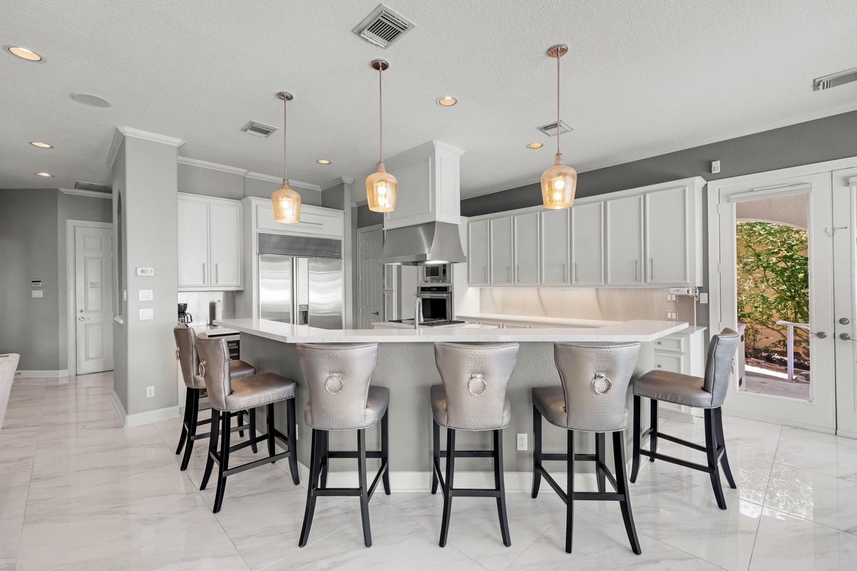 Interior, Kitchen, Marble, Pendant Lights, Recessed Lighting, Stainless Steel Appliances