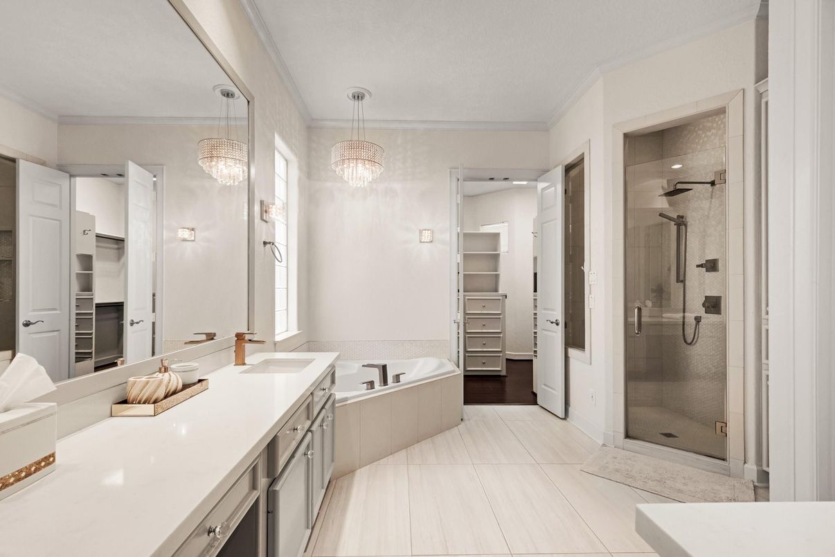 Bathroom, Dual Sink Vanities, Glass Shower, Interior, Pendant Lights