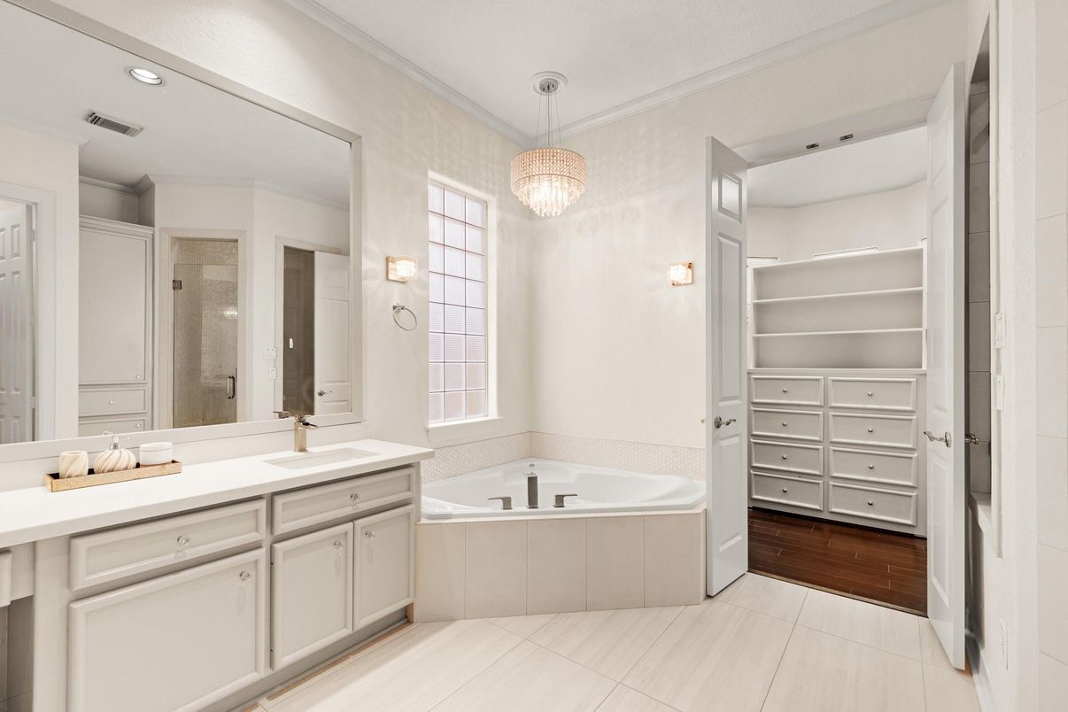 Bathroom, Chandelier, Dual Sink Vanities, Interior, Recessed Lighting, Wood Texture Flooring
