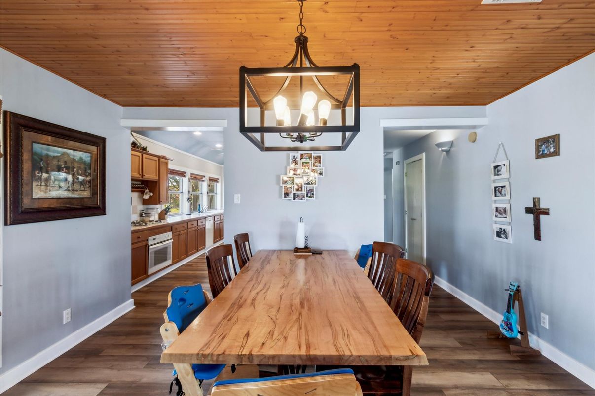 Dining room, Interior, Pendant Lights, Wooden Ceilings, Wood Texture Flooring