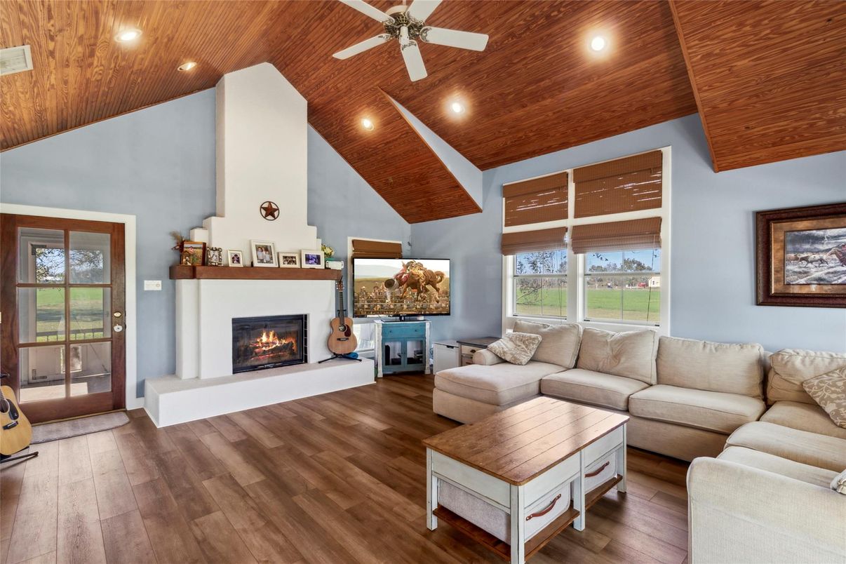 Fireplace, Interior, Living room, Recessed Lighting, Wooden Ceilings, Wood Texture Flooring
