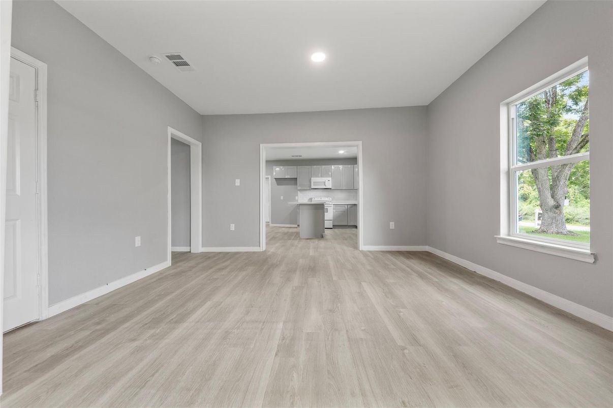 Empty room, Interior, Kitchen, Recessed Lighting, Wood Texture Flooring