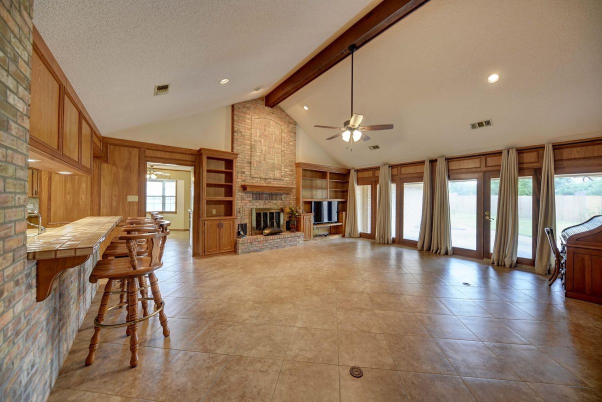 Fireplace, Interior, Recessed Lighting, Stone Walls, Wooden Beams, Wooden Walls