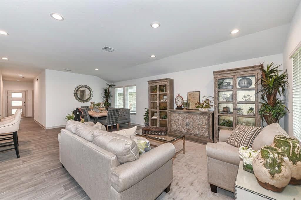 Dining room, Interior, Living room, Recessed Lighting, Wood Texture Flooring