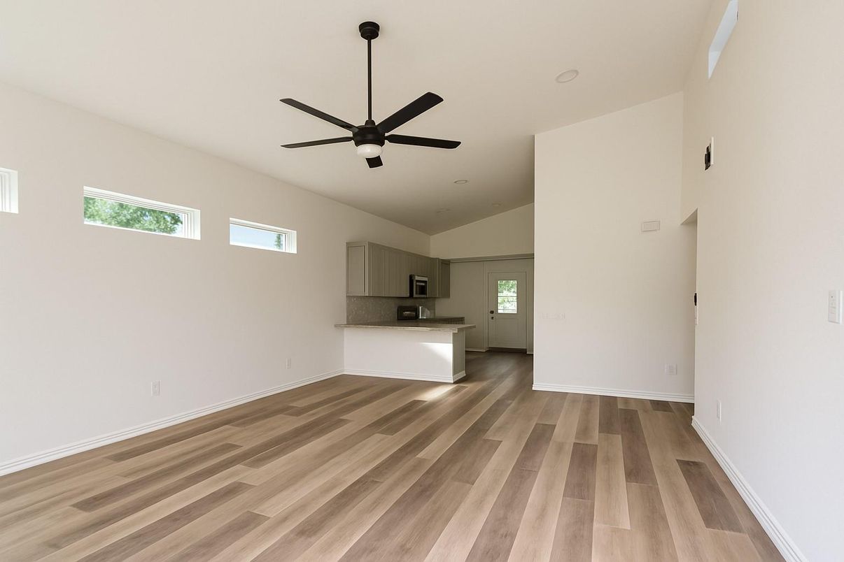 Empty room, Interior, Kitchen, Recessed Lighting, Wood Texture Flooring