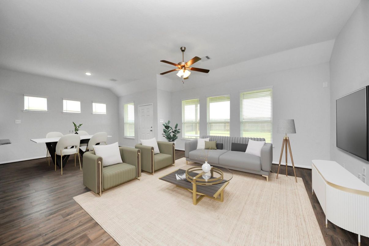 Dining room, Interior, Living room, Recessed Lighting, Wood Texture Flooring