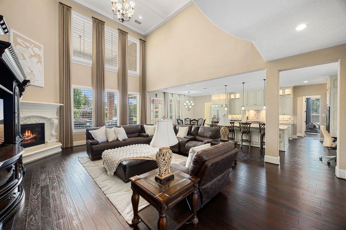 Chandelier, Dining room, Fireplace, Interior, Kitchen, Living room, Pendant Lights, Recessed Lighting, Wood Texture Flooring