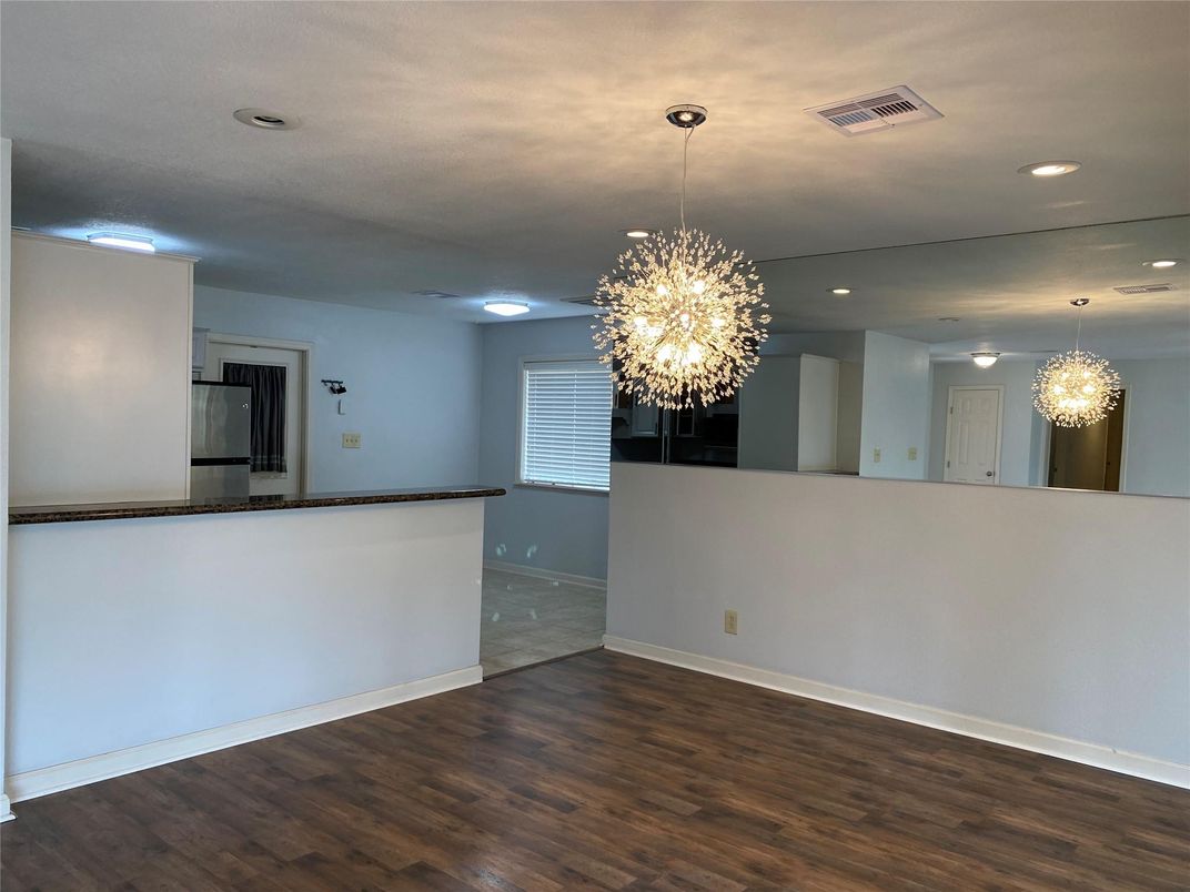 Chandelier, Empty room, Interior, Recessed Lighting, Wood Texture Flooring