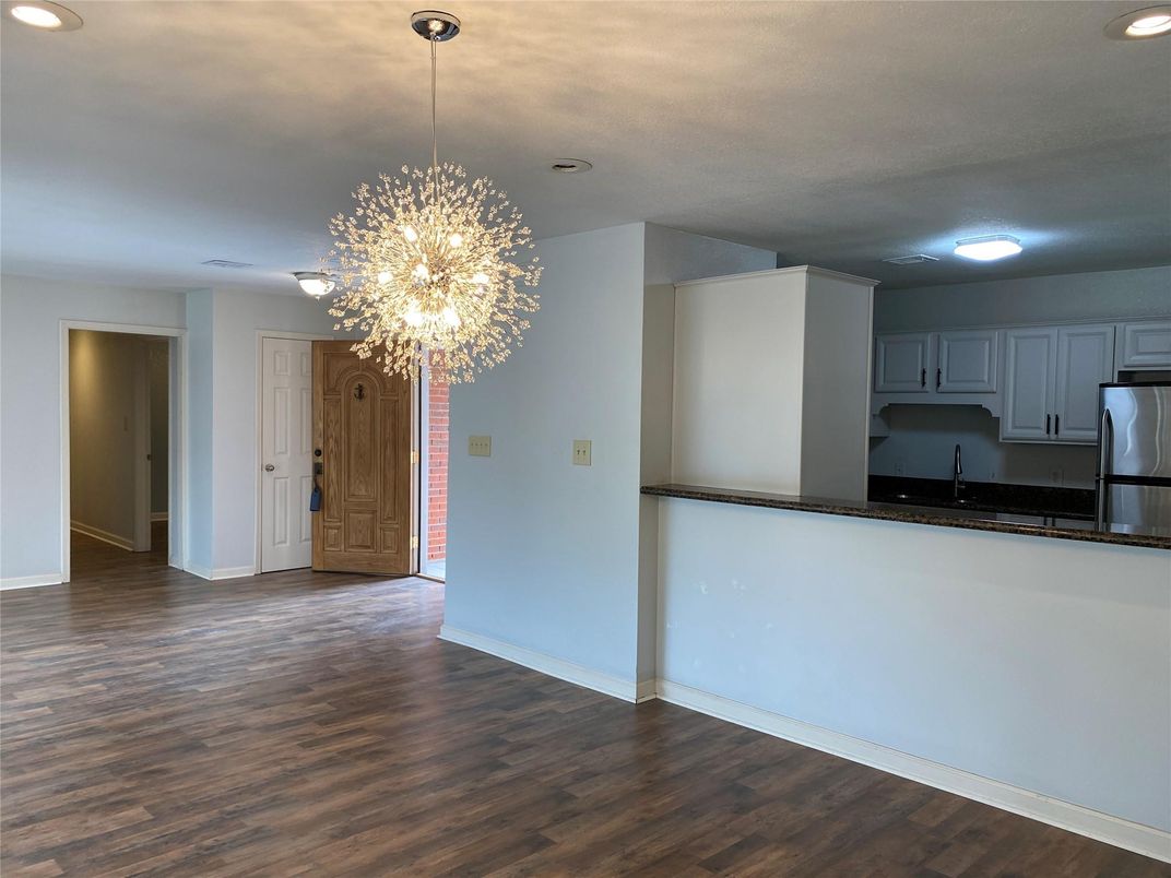 Chandelier, Interior, Kitchen, Recessed Lighting, Wood Texture Flooring