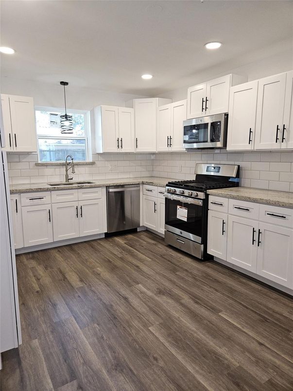 Interior, Kitchen, Pendant Lights, Recessed Lighting, Stainless Steel Appliances, Wood Texture Flooring